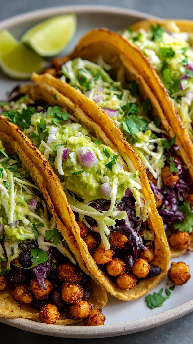 Chickpea and black bean tacos topped with avocado lime slaw.
