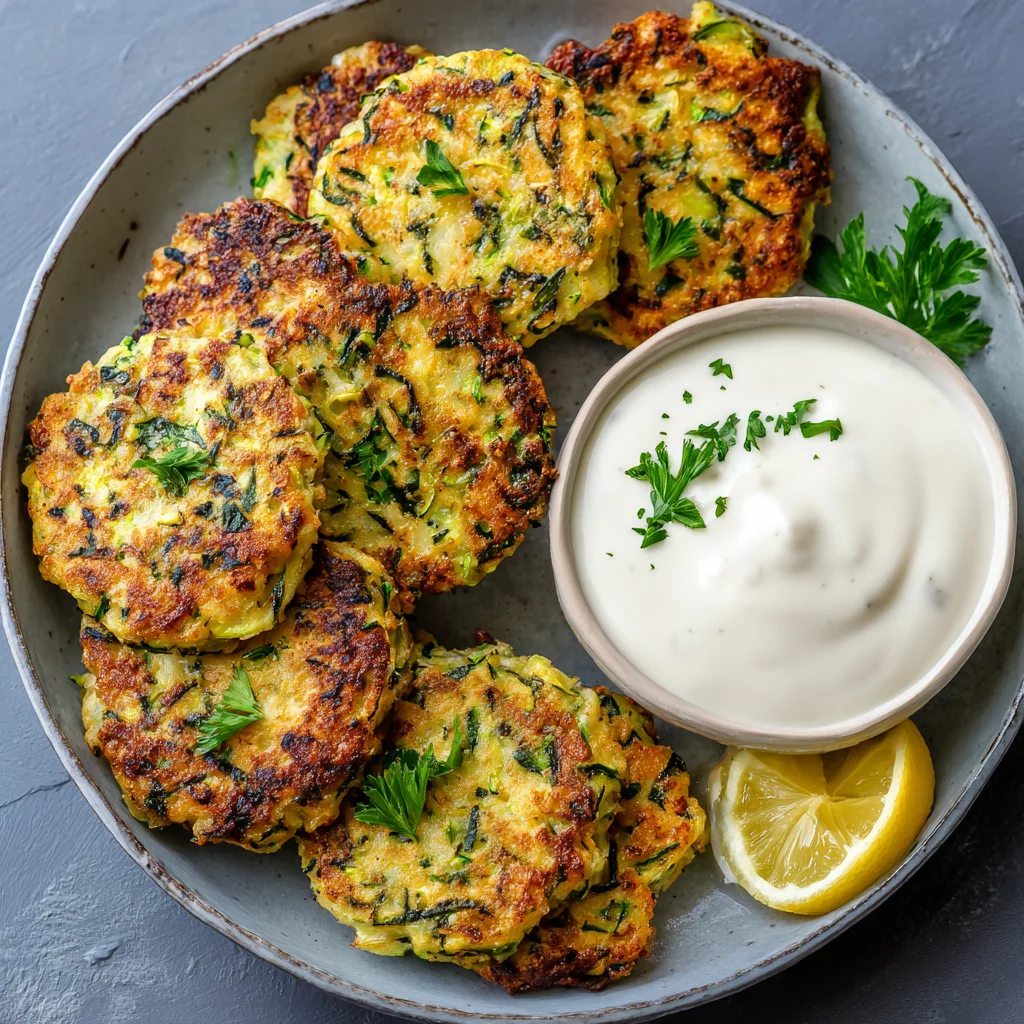 Chickpea zucchini fritters stacked high.