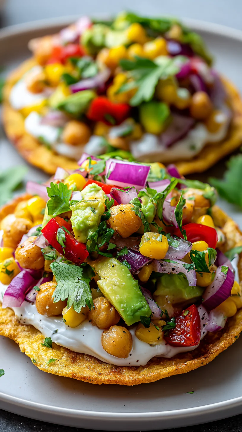 Crispy tostada topped with corn and chickpea salad. Crispy tostada topped with corn and chickpea salad.
