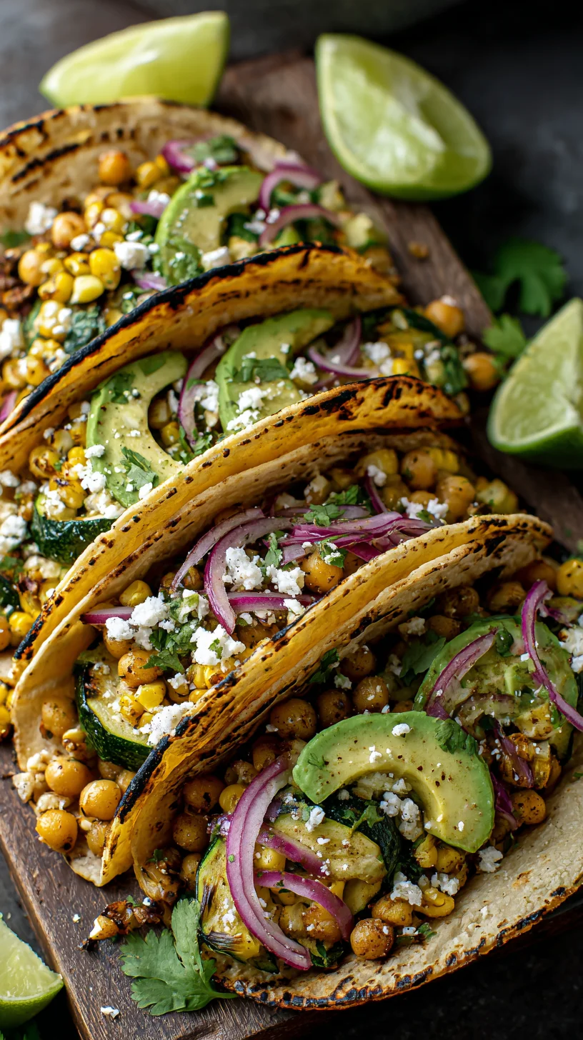 Vegan tacos filled with grilled vegetables and chickpeas.