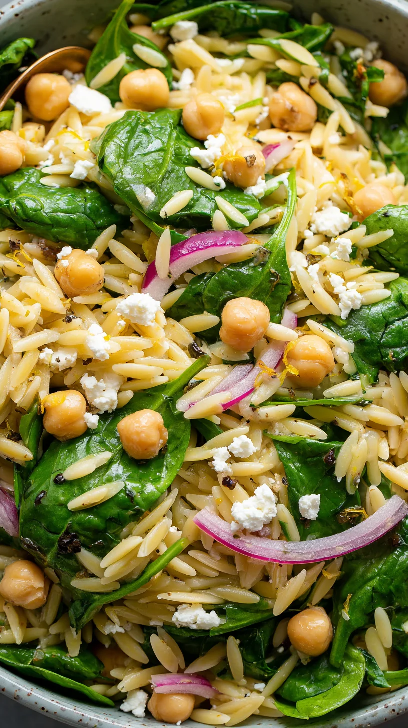 Lemon orzo salad with spinach and chickpeas.