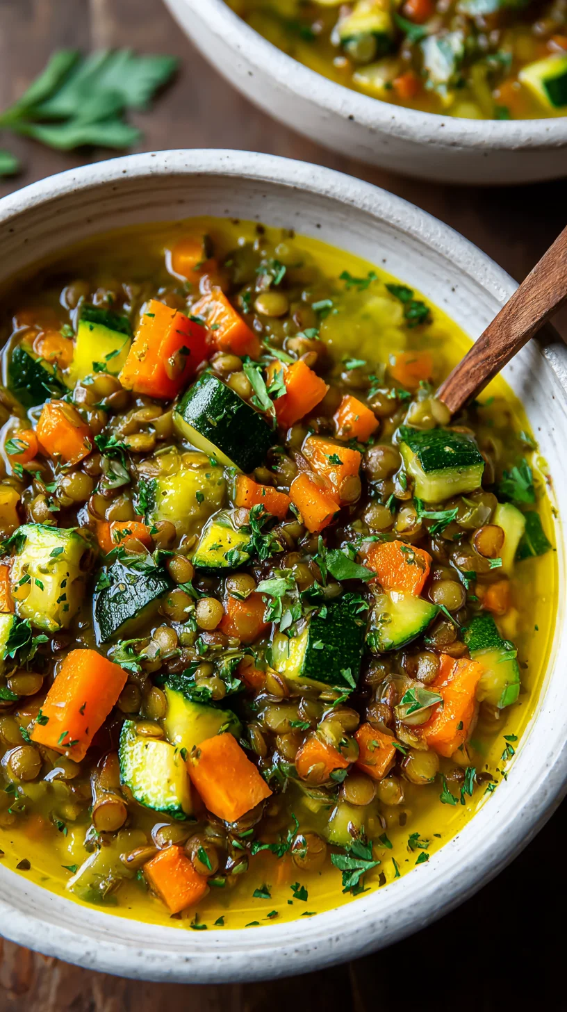 Hearty zucchini lentil soup with fresh herbs.