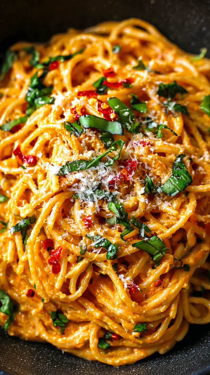 Creamy tomato pasta with garlic.