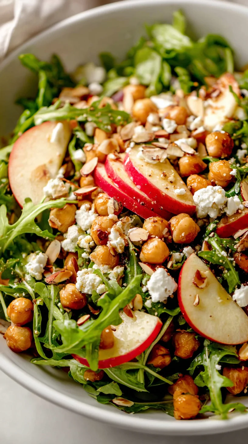 Bright apple arugula salad with crumbled cheese.