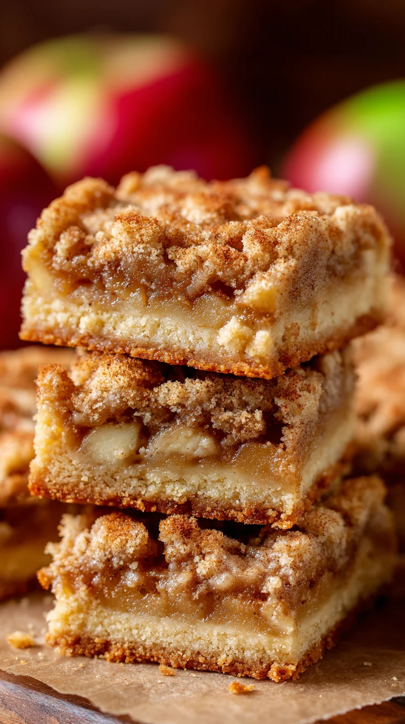 Apple pie snickerdoodle cookie bars stacked.