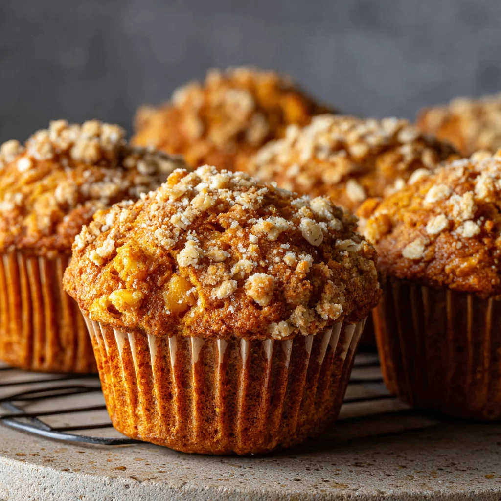 Homemade apple pumpkin muffins with a textured oat topping.