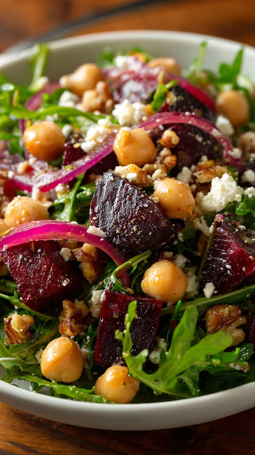 Arugula, beets, and chickpeas salad with lemon dressing.