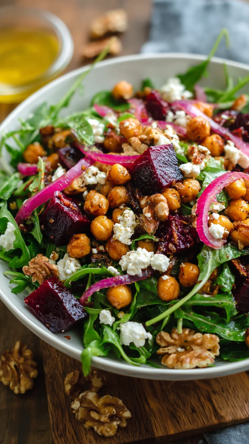 Vibrant arugula salad with beets, chickpeas, and citrus dressing. Vibrant arugula salad with beets, chickpeas, and citrus dressing.