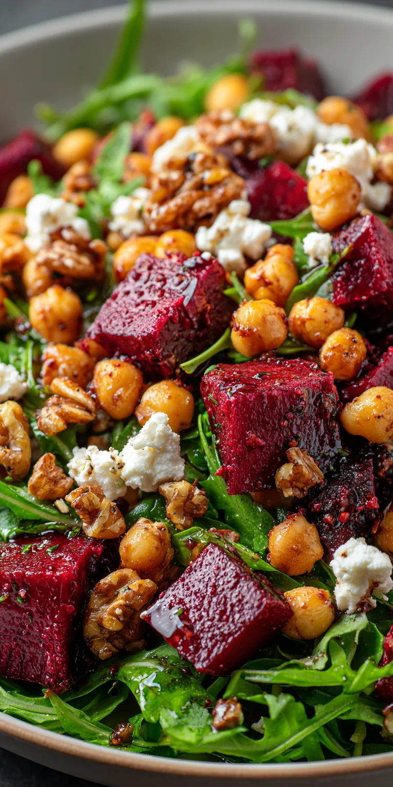 Arugula salad with chickpeas, beets, and balsamic dressing.