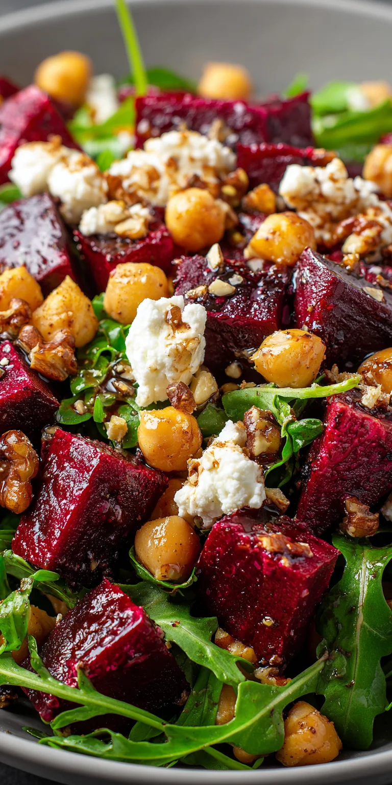 Colorful beet and chickpea salad on arugula. Colorful beet and chickpea salad on arugula.