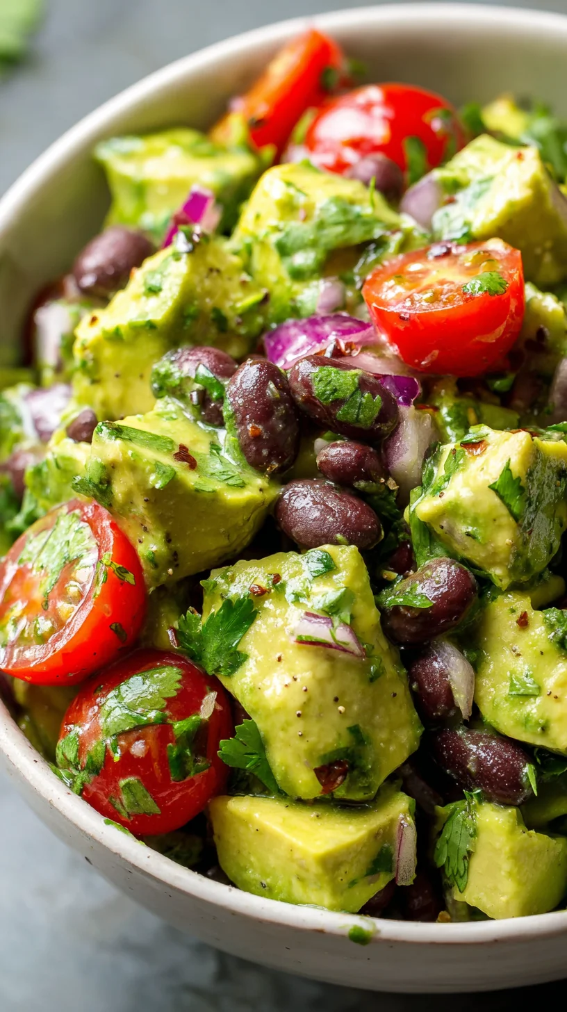 Avocado black bean salad with cilantro lime dressing.