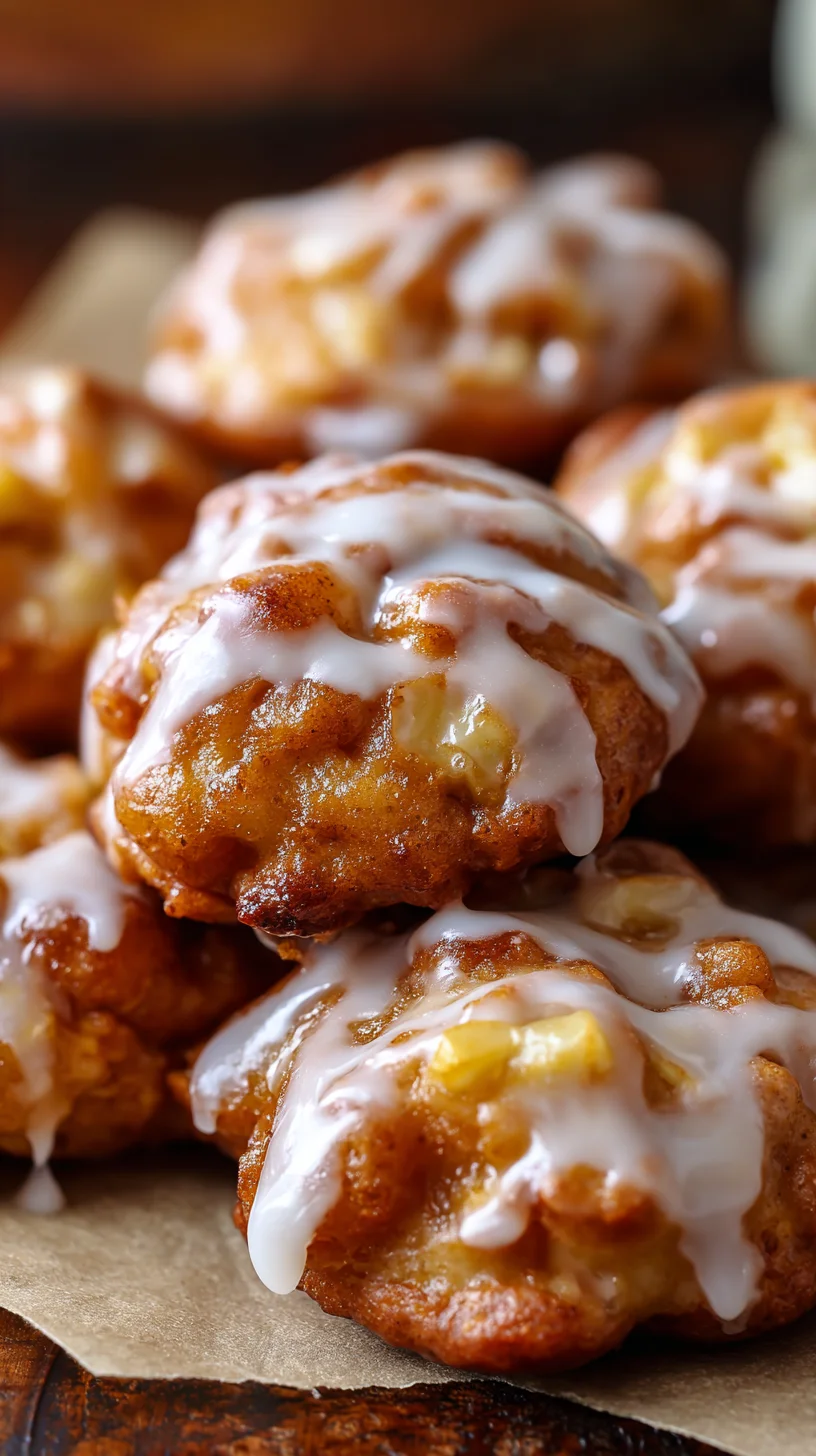 Golden baked apple fritters drizzled with sweet glaze.