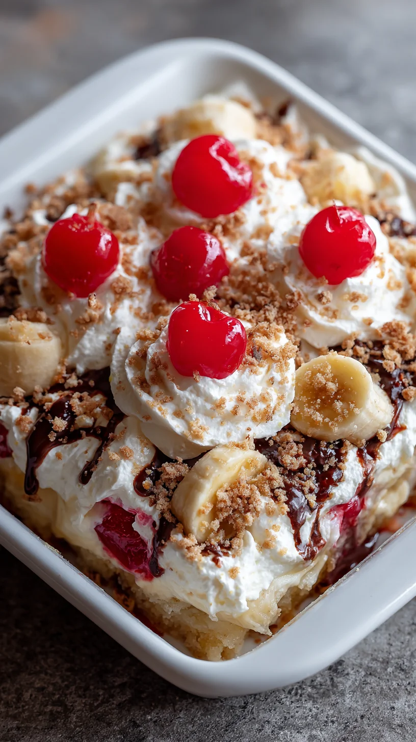 Banana split dump cake dessert.