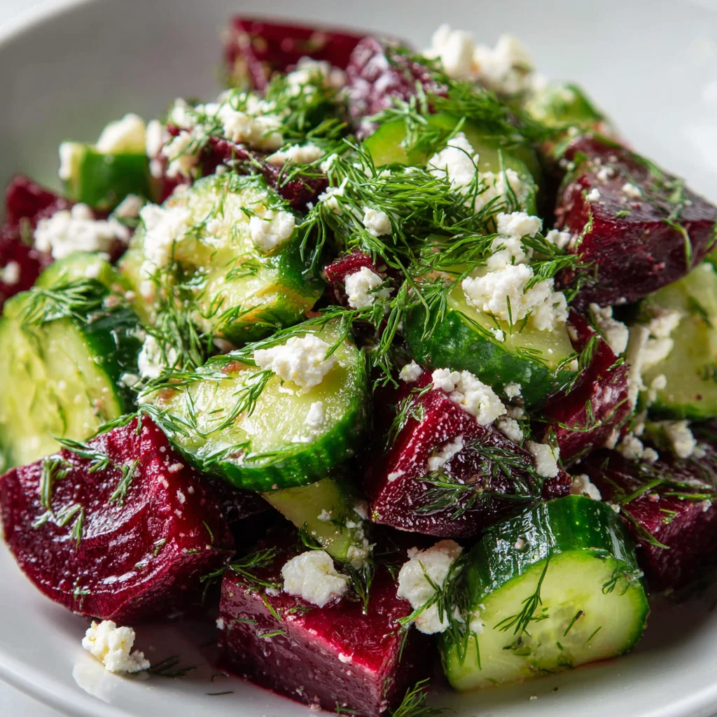 Vibrant beet salad with feta, cucumbers, and fresh dill.