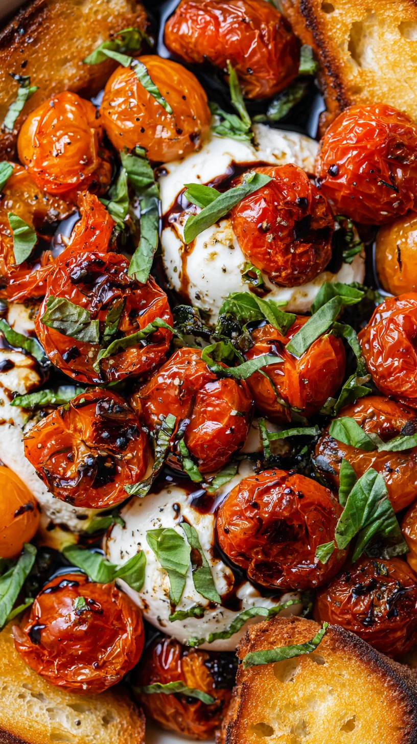 Roasted tomatoes and creamy burrata appetizer.