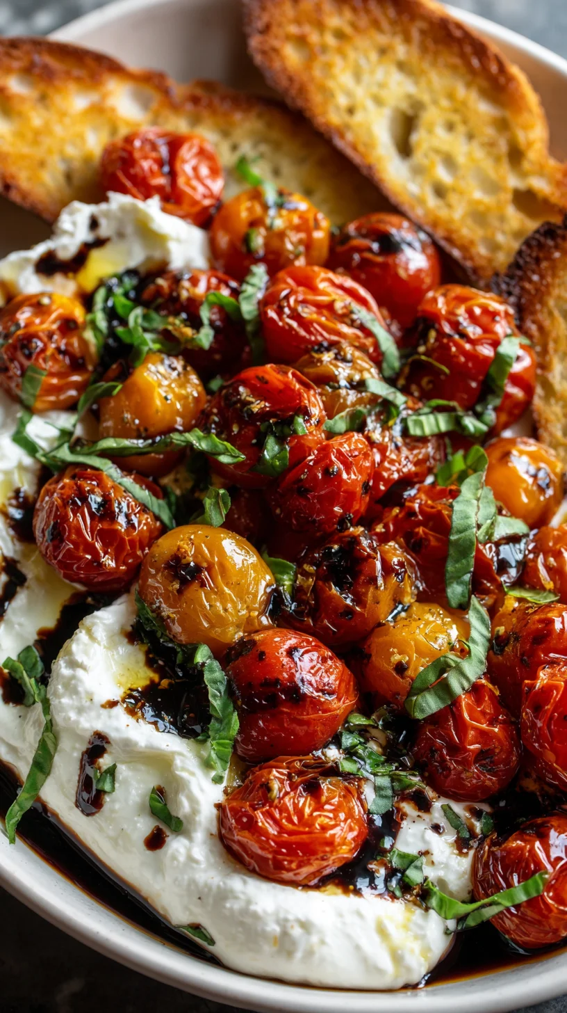 Burrata cheese with vibrant, roasted tomatoes. Burrata cheese with vibrant, roasted tomatoes.