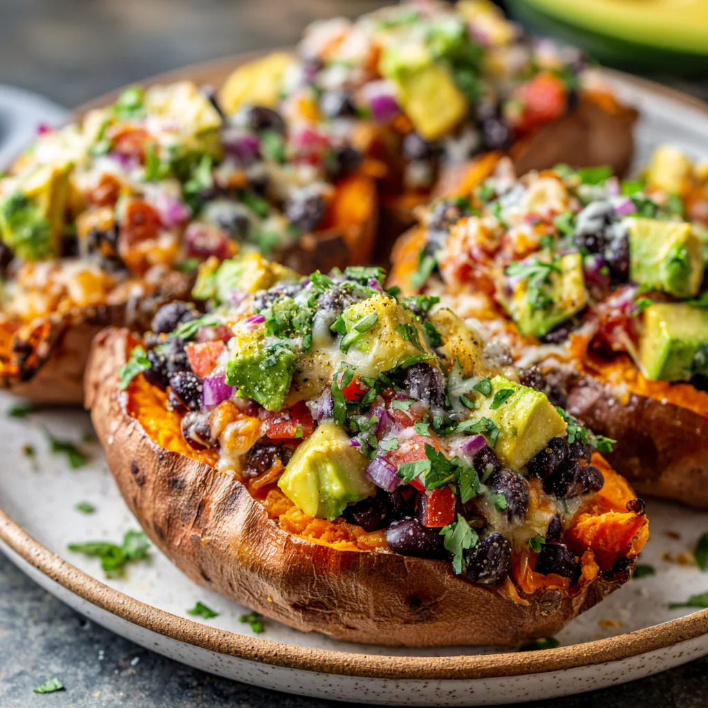 Black bean and avocado stuffed sweet potato.