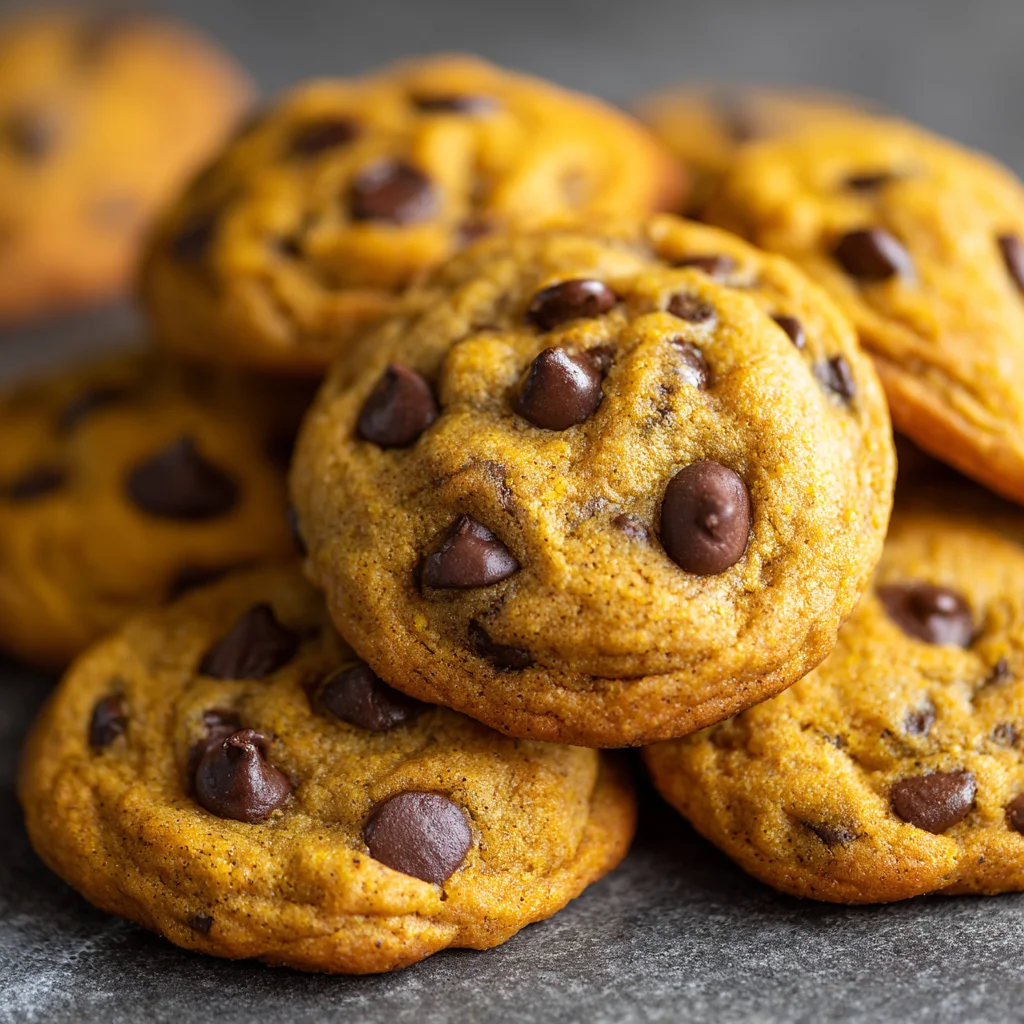 Close-up of a soft, chewy brown butter pumpkin chocolate chip cookie. Close-up of a soft, chewy brown butter pumpkin chocolate chip cookie.