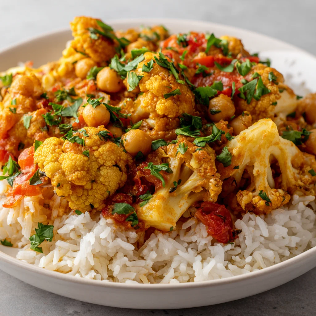 Cauliflower chickpea curry served over basmati rice.