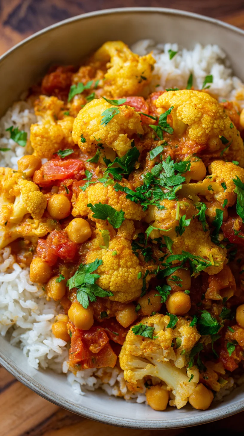 Vegetarian curry with cauliflower, chickpeas, and rice.
