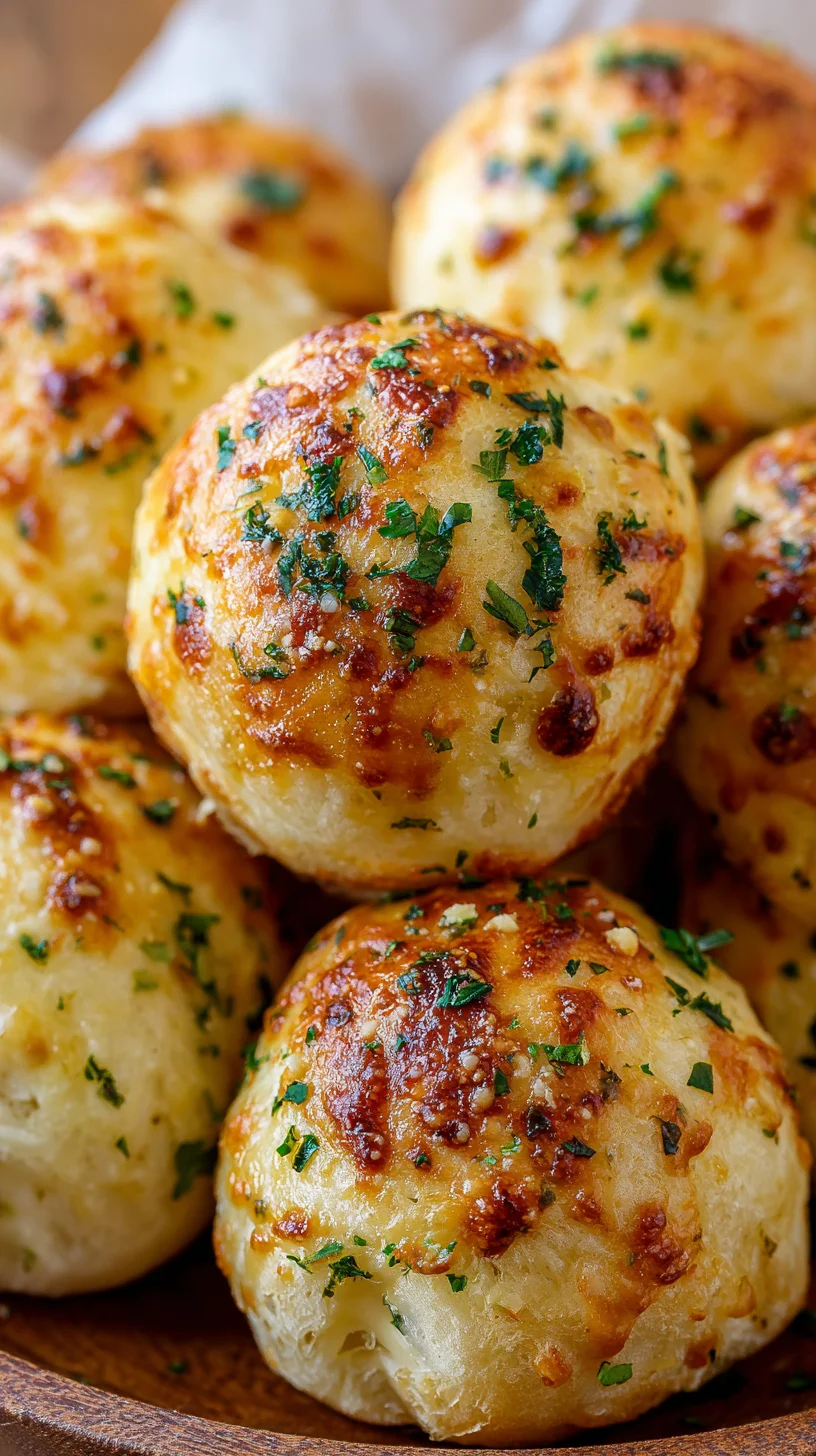 Close-up of golden brown cheesy garlic rolls.