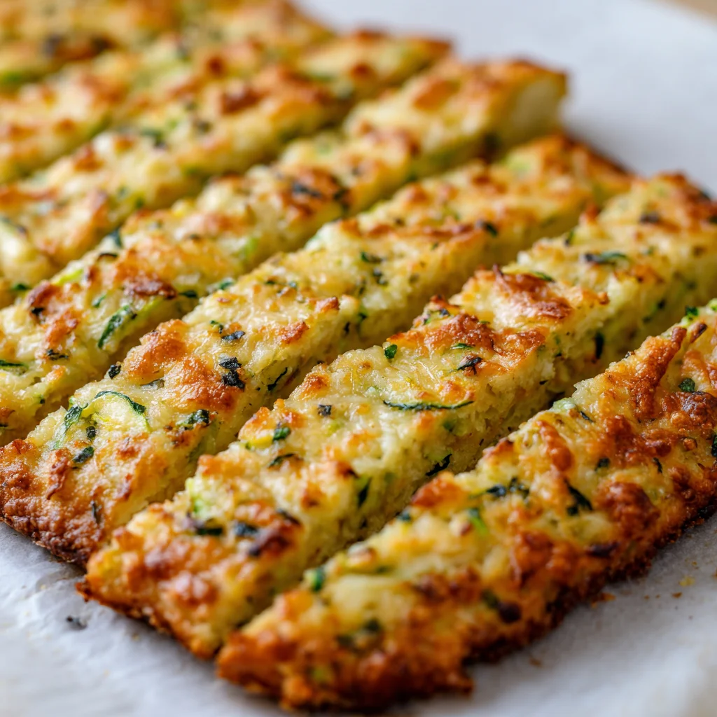 Zucchini breadsticks sprinkled with melted cheese.