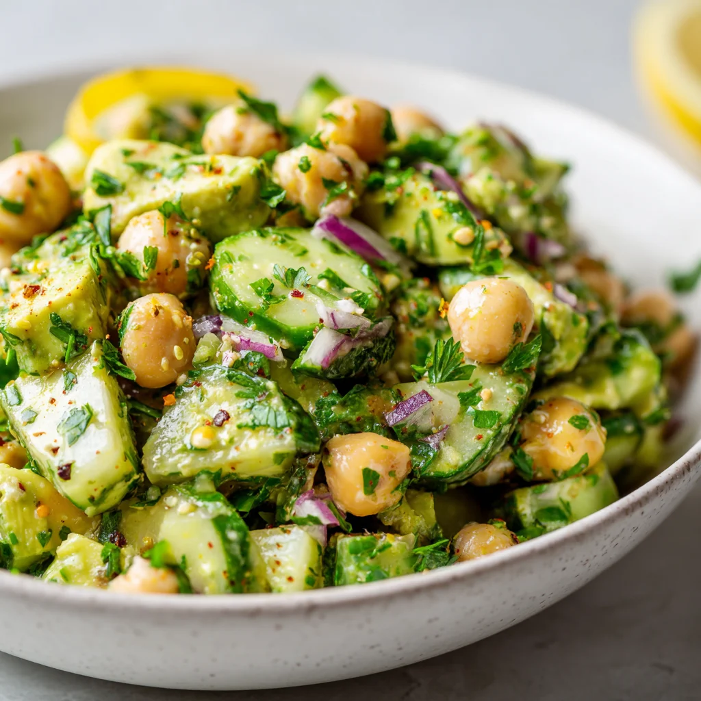 Bright chickpea salad with avocado, cucumber, and lemon dressing.
