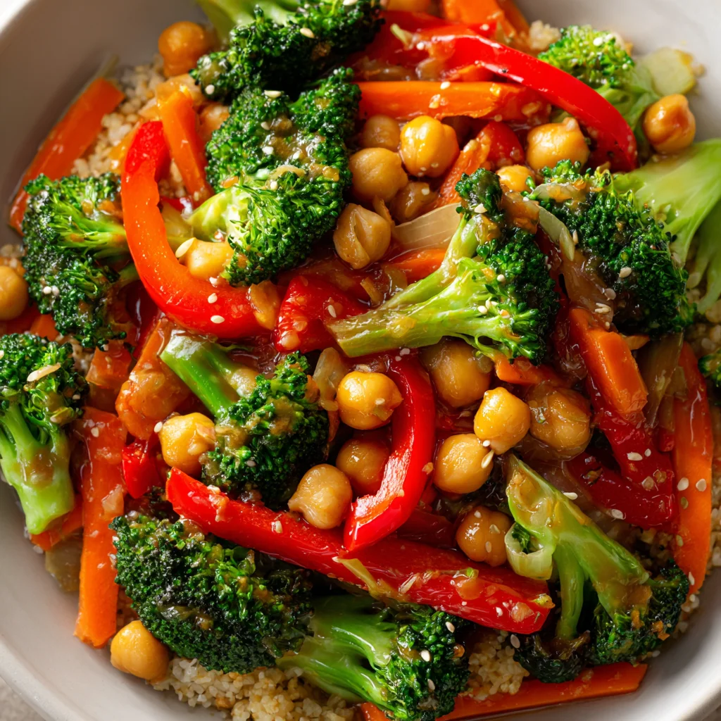 Chickpea and broccoli stir-fry with garlic sauce.