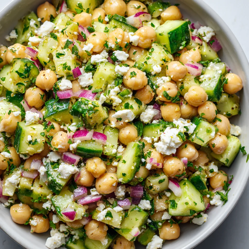 Refreshing salad featuring chickpeas and cucumber. Refreshing salad featuring chickpeas and cucumber.