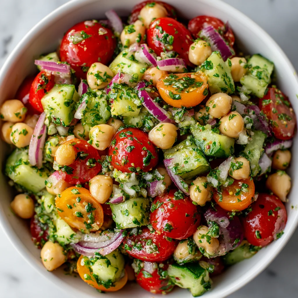 Bright chickpea salad with cucumber, tomatoes, and lemon parsley vinaigrette.