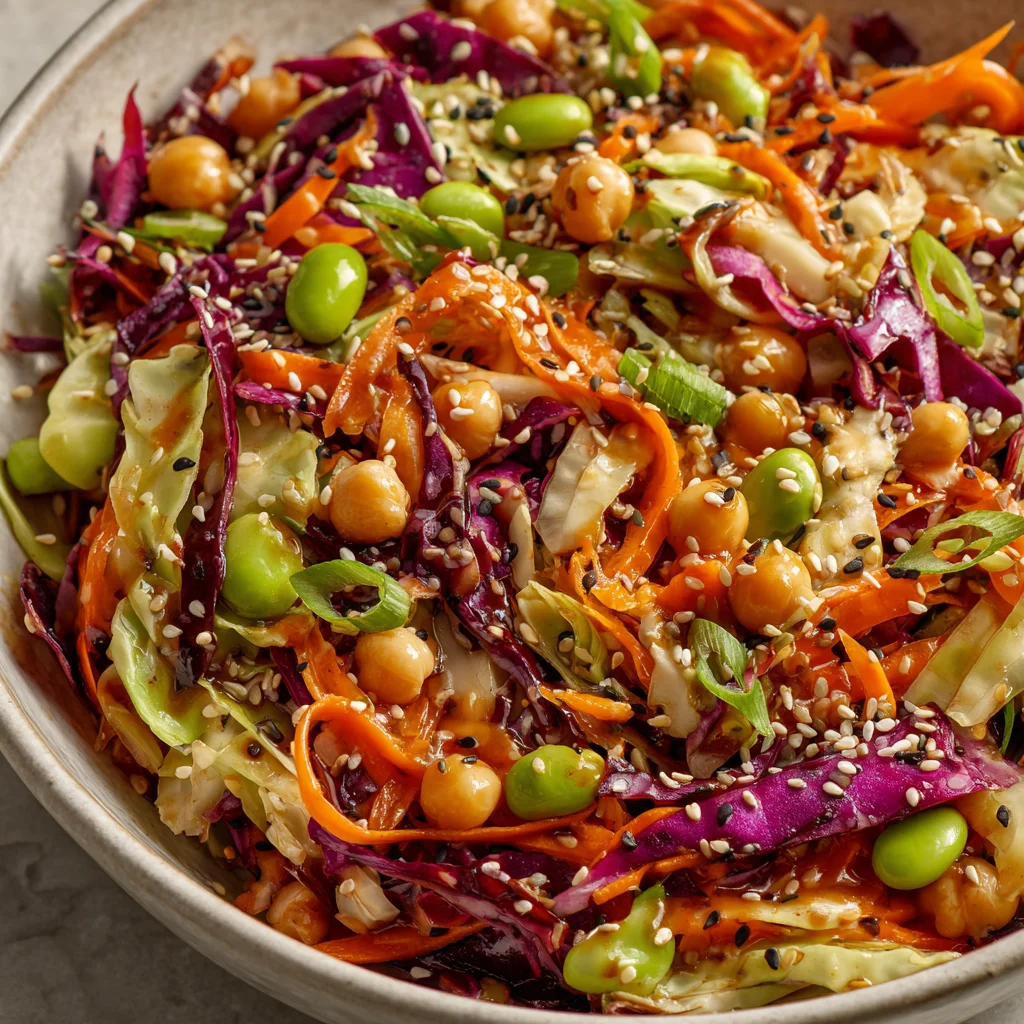 Chickpea, edamame, cabbage salad with sesame dressing. Chickpea, edamame, cabbage salad with sesame dressing.