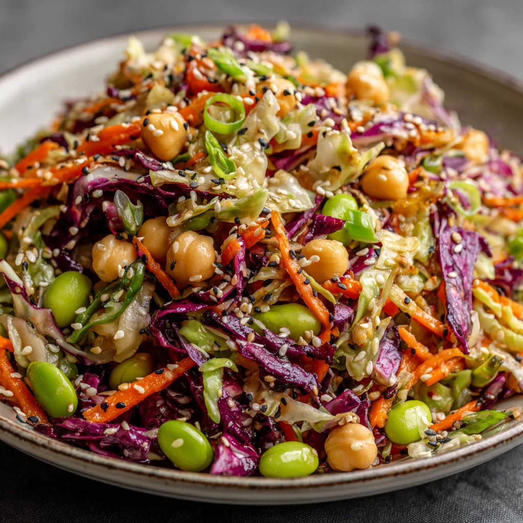 Close-up of colorful chickpea, edamame, and cabbage salad. Close-up of colorful chickpea, edamame, and cabbage salad.