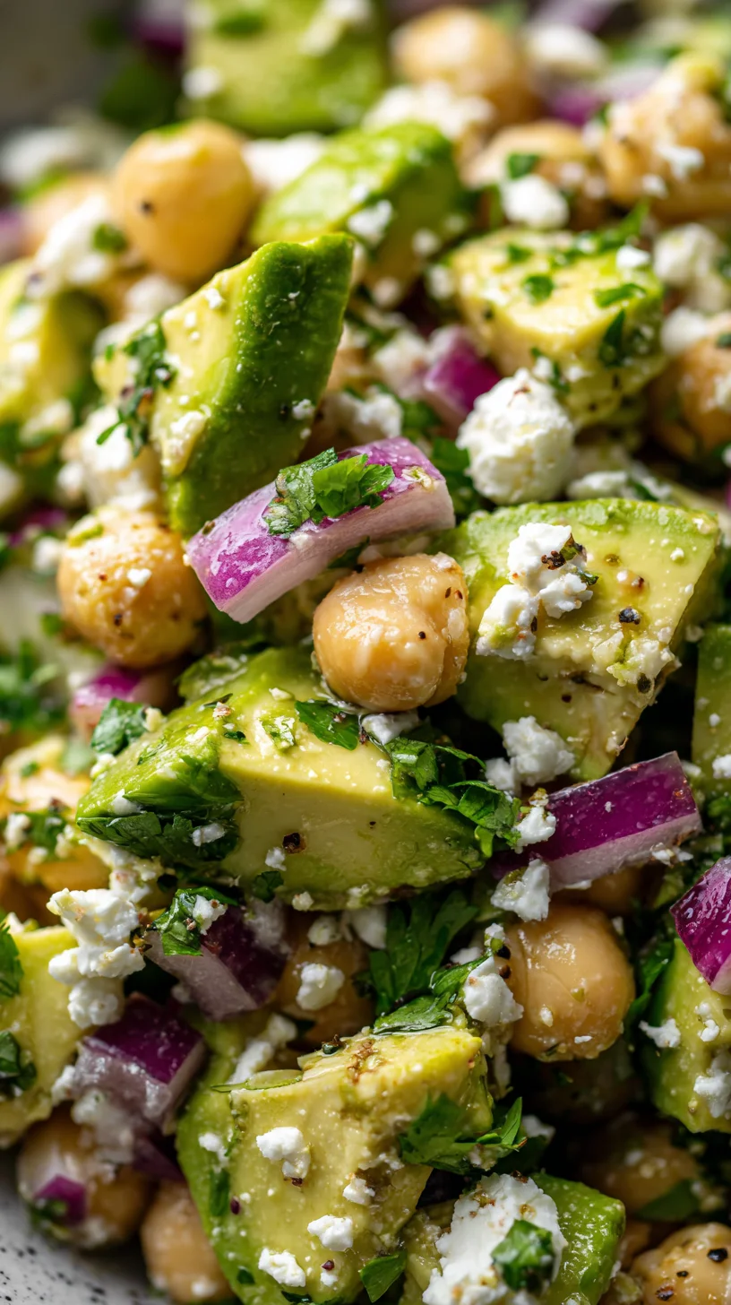 Chickpea, feta, and avocado salad close-up.