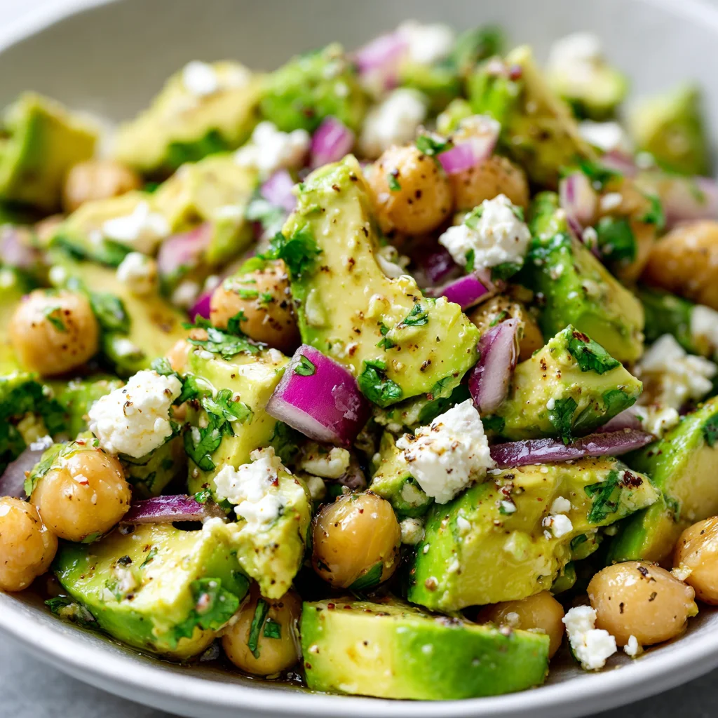 Fresh chickpea salad with creamy avocado and salty feta.