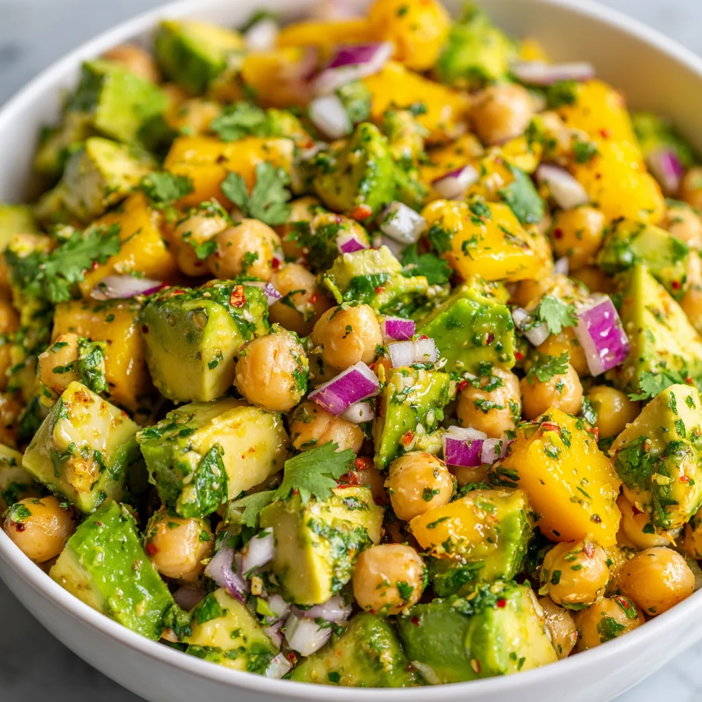 Chickpea mango salad with chili lime dressing. Chickpea mango salad with chili lime dressing.