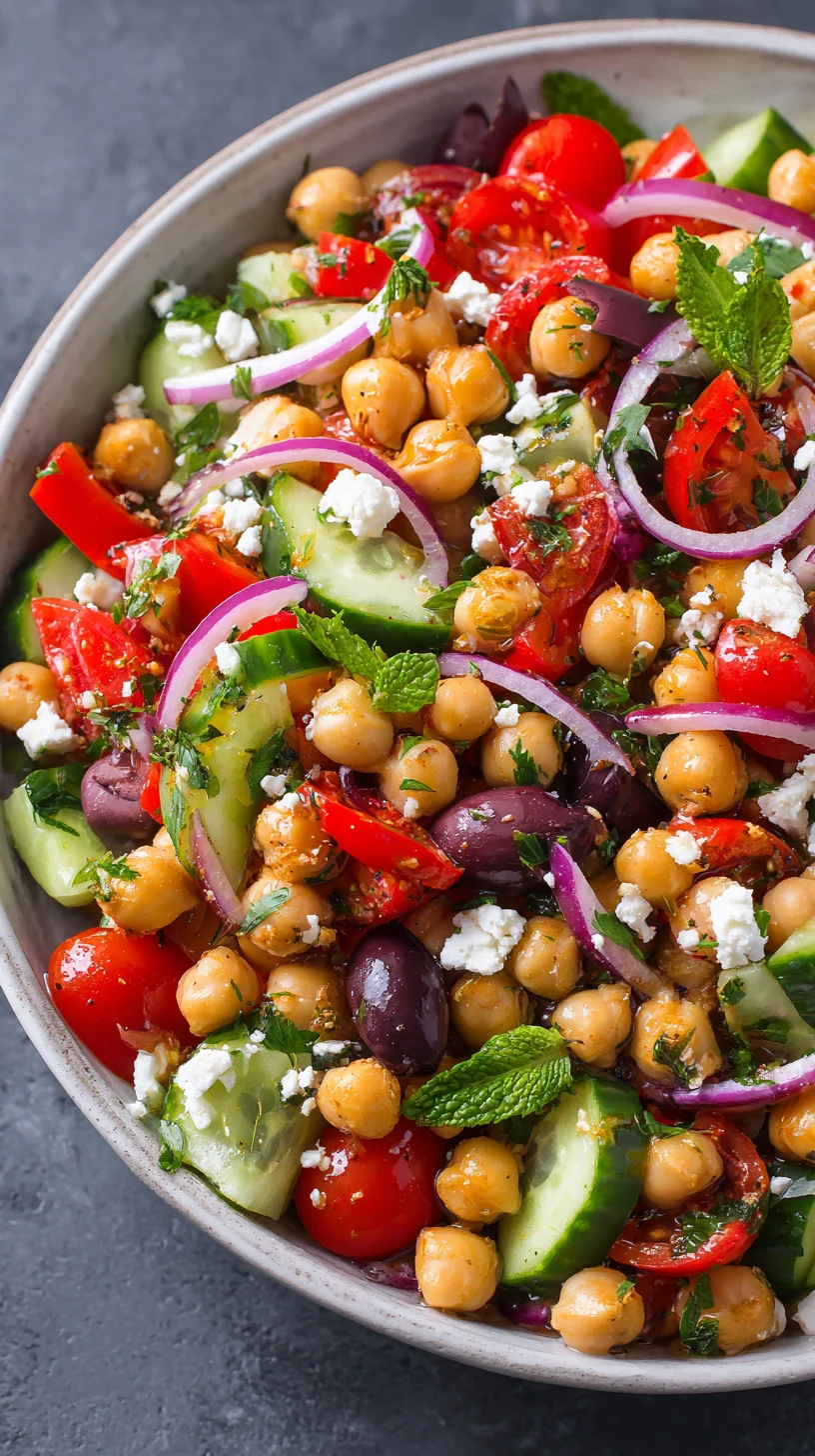 Bright and colorful chickpea Mediterranean salad.
