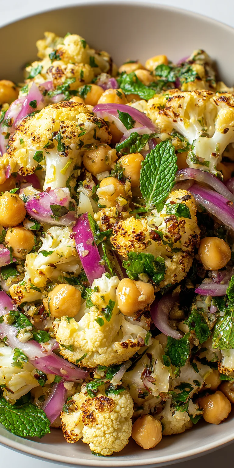Chickpea and roasted cauliflower salad close-up.