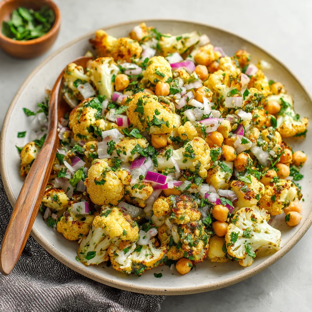 Lemon garlic dressing drizzled on chickpea cauliflower salad. Lemon garlic dressing drizzled on chickpea cauliflower salad.