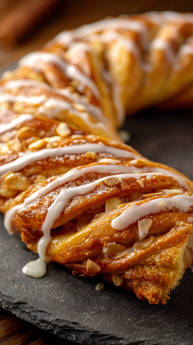 Apple Kringle with vanilla glaze, close-up. Apple Kringle with vanilla glaze, close-up.