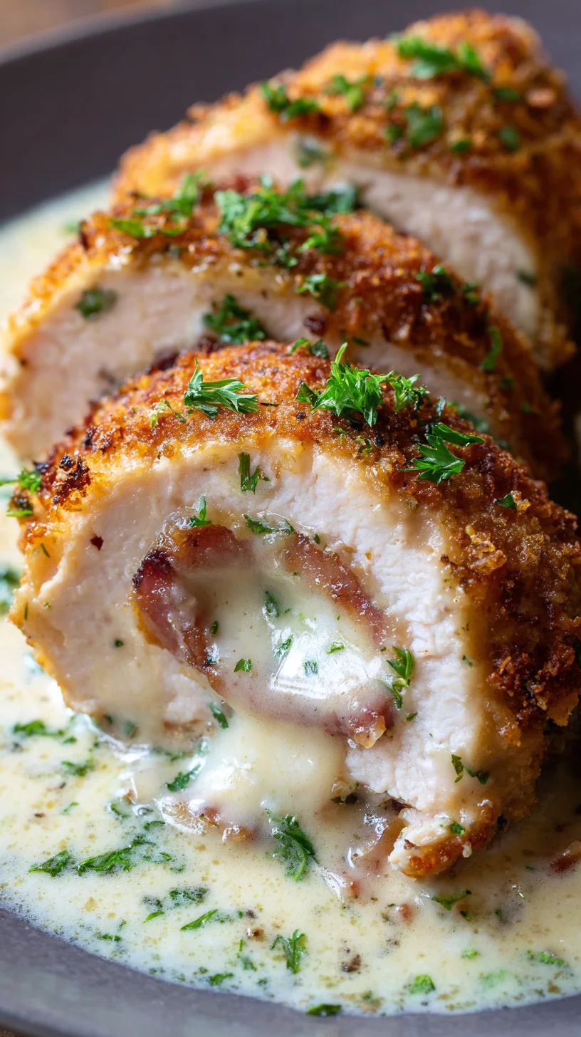 Creamy chicken cordon bleu, golden brown and delicious. Creamy chicken cordon bleu, golden brown and delicious.