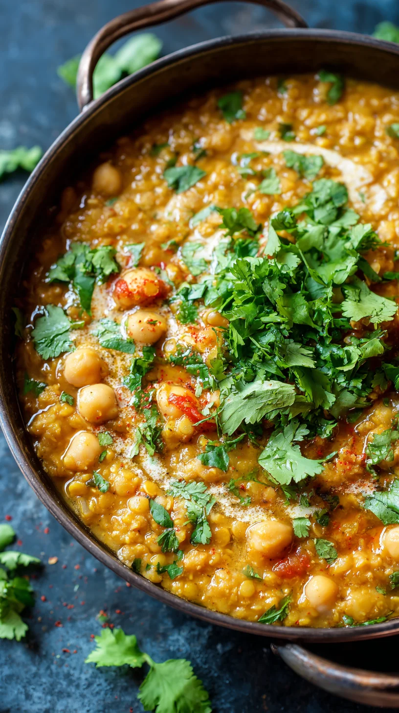 Creamy chickpea and red lentil curry in a bowl.