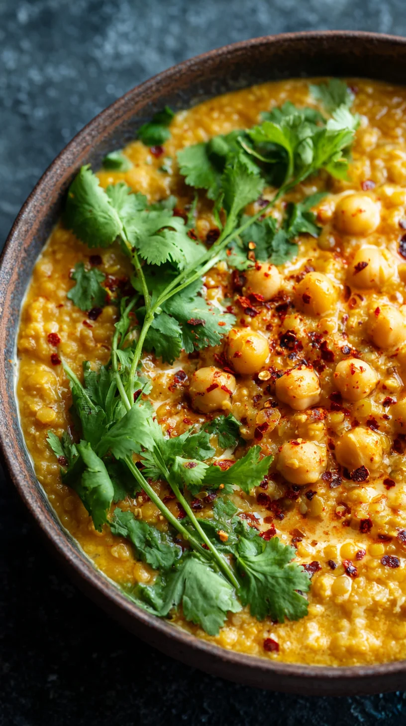 Close-up of vibrant chickpea and red lentil curry.