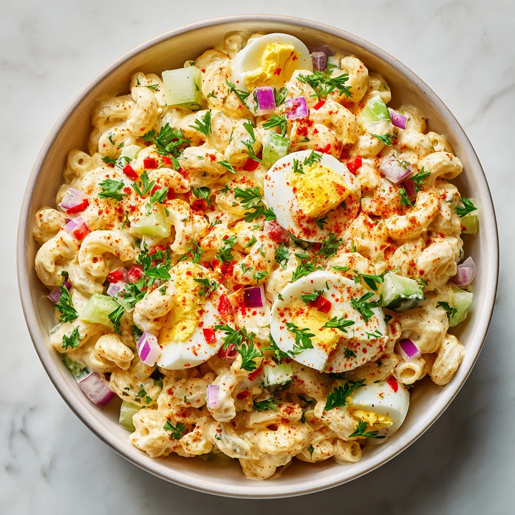 Close-up of creamy macaroni salad with egg.