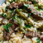 Creamy Queso Rice with Juicy Steak Strips Recipe