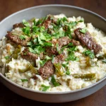 Creamy Queso Rice with Juicy Steak Strips Recipe