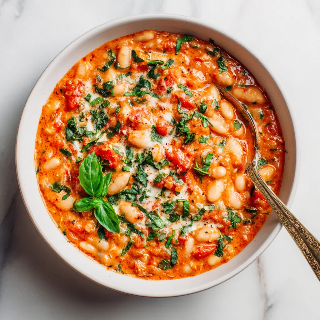 Close-up of simmering vegan tomato and white bean stew. Close-up of simmering vegan tomato and white bean stew.