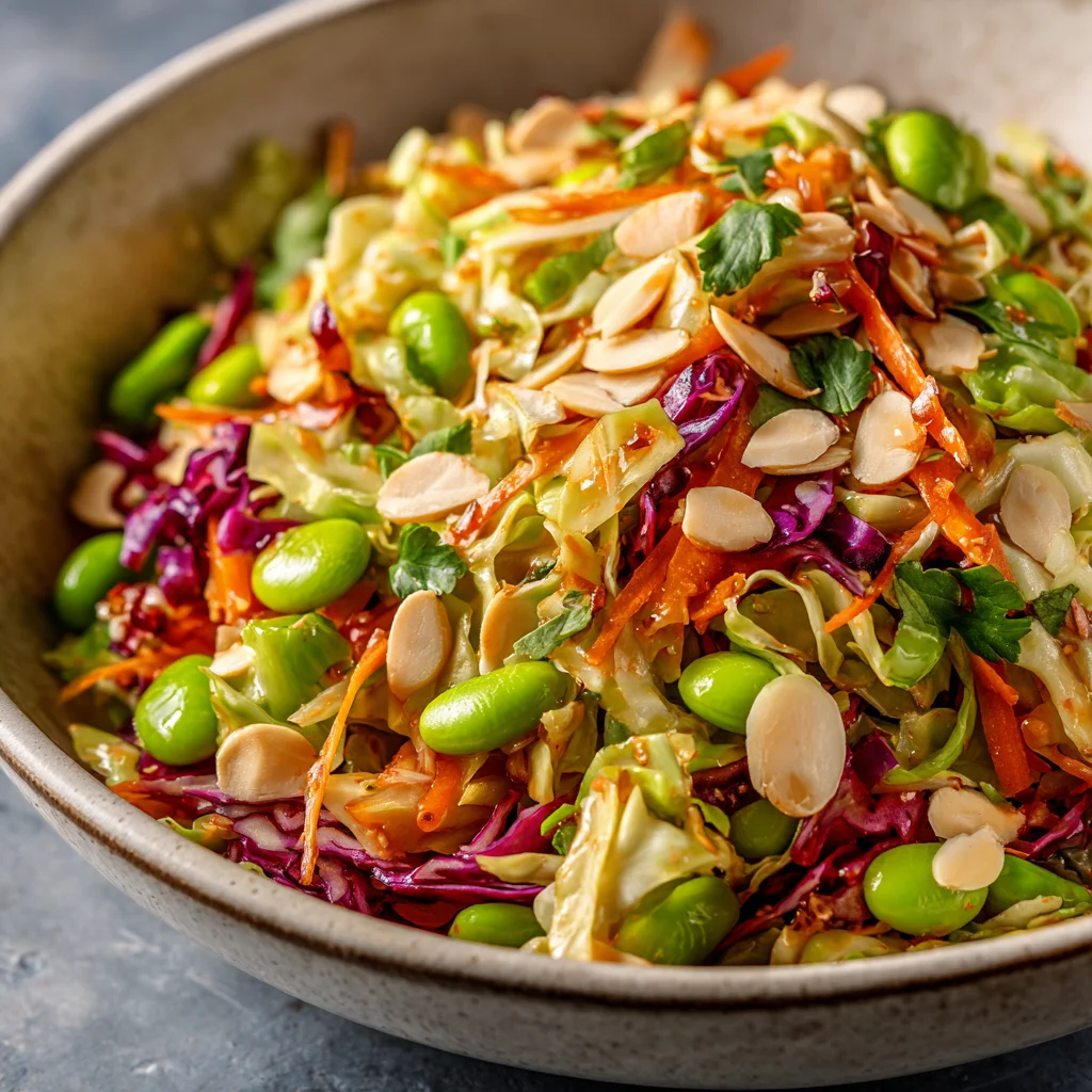 Cabbage edamame salad with sesame ginger dressing.
