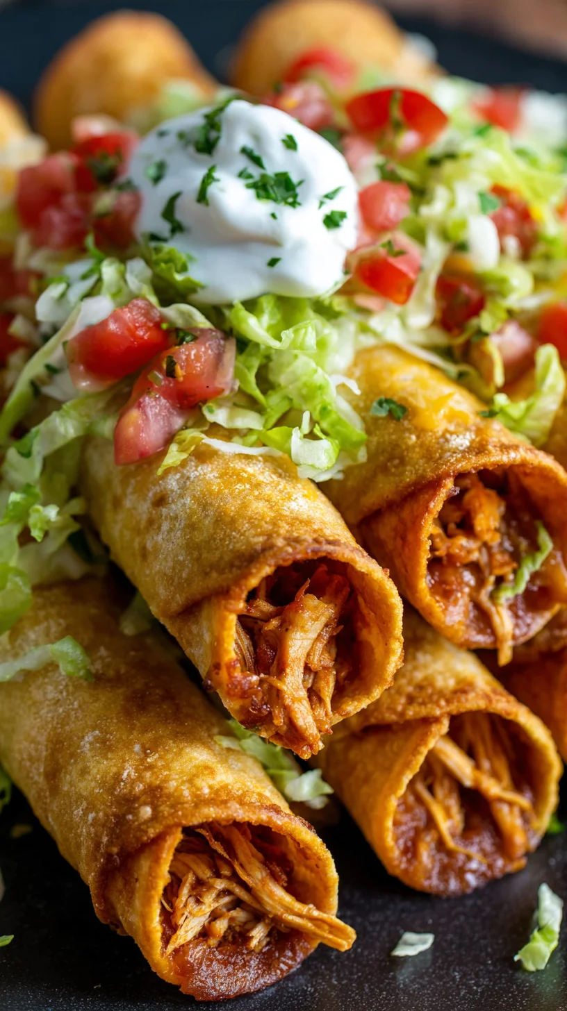 Crispy chicken taquitos stacked on a plate. Crispy chicken taquitos stacked on a plate.
