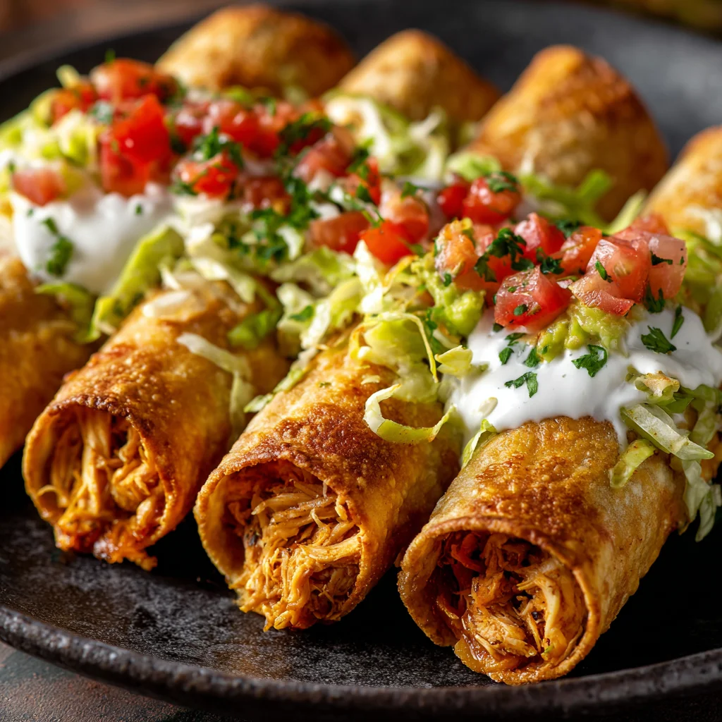 Close-up of a single crispy chicken taquito. Close-up of a single crispy chicken taquito.