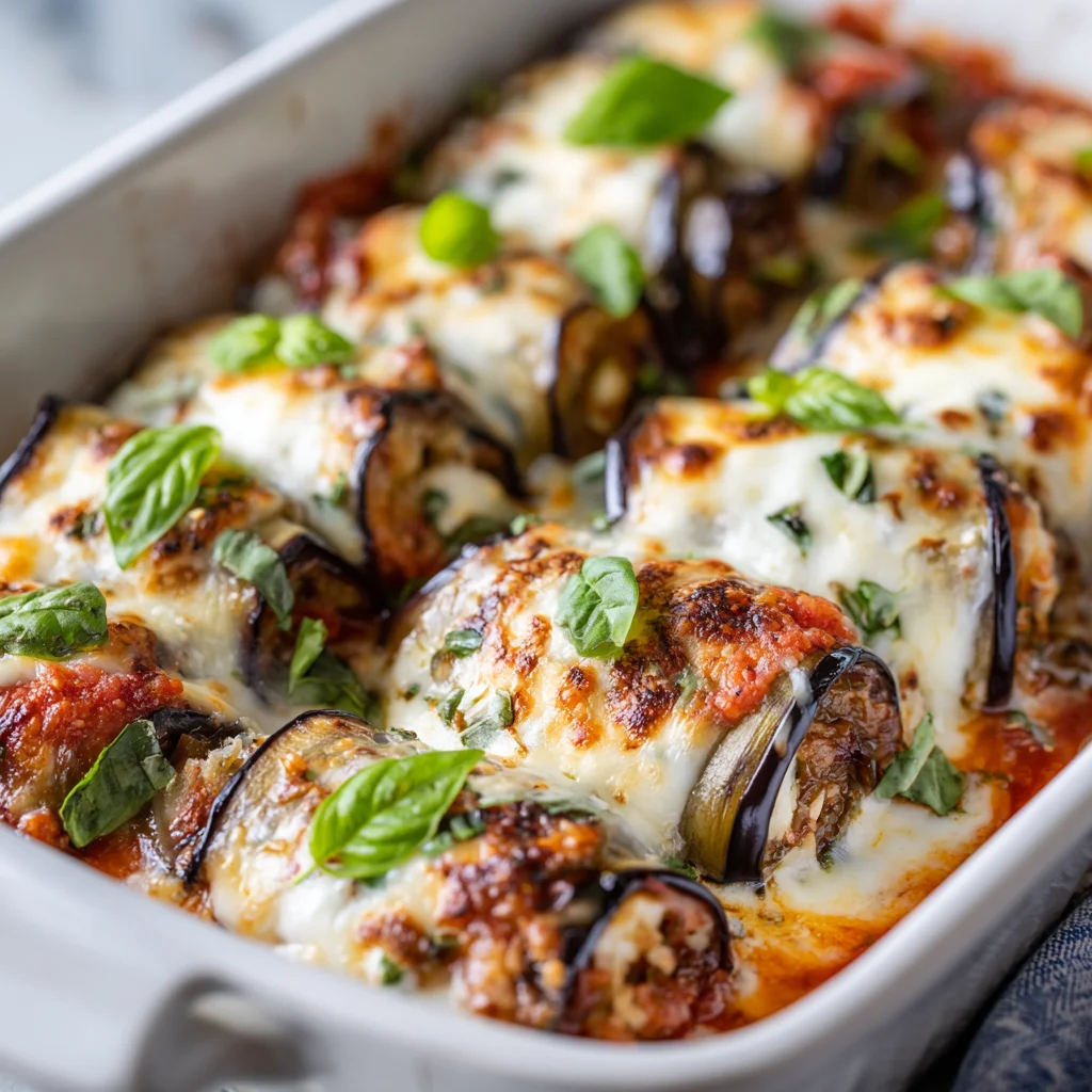 Cheesy eggplant rolls on a plate.